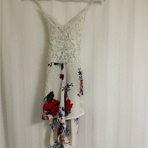 Floral Lace Bodice Ivory & Red High-Low Dress